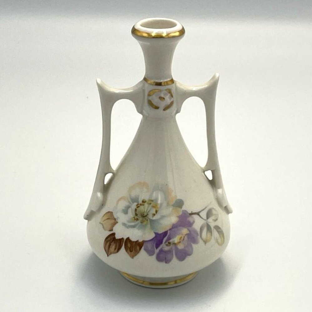 Vintage Bud Vase Double Handles Porcelain/Ceramic Floral Gold Trim
